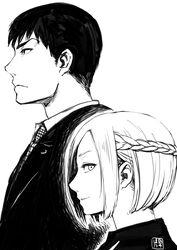  1boy absurdres amon_koutarou braid commentary_request female formal greyscale highres looking_at_viewer mado_akira monochrome nakano_haito necktie photoshop_(medium) short_hair smile suit tokyo_ghoul 