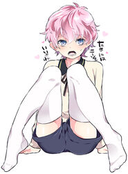  1boy adapted_costume akita_toushirou arm_support blush commentary_request fujinami_(fjnm000) heart legs looking_at_viewer male_focus no_shoes open_mouth photoshop_(medium) pink_hair shorts sitting solo sweat thighhighs touken_ranbu translated white_background white_thighhighs 