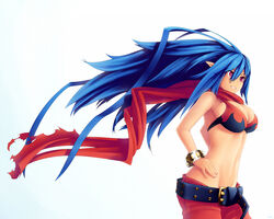  antenna_hair arantheus armpits bare_shoulders belt bikini bikini_top_only blue_hair bra bracelet breasts cleavage cowboy_shot disgaea disgaea_d2 female flame_print floating_hair genderswap_(mtf) gradient_background grin groin hair_between_eyes hands_on_own_hips highres jewelry laharl laharl-chan large_breasts long_hair lowleg midriff navel no_panties parted_lips pointy_ears profile red_eyes rule_63 scarf sideboob signature simple_background skindentation slit_pupils smile solo studded_belt swimsuit torn_clothes underwear very_long_hair white_background 