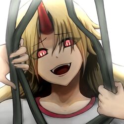  :d bad_id bad_pixiv_id bars bending blonde_hair commentary crazy_eyes crazy_smile eyes_visible_through_hair female green_(midoriryuu) horns horror_(theme) hoshiguma_yuugi long_hair looking_at_viewer oni open_mouth prison red_eyes shirt simple_background single_horn slit_pupils smile strong t-shirt touhou white_background you_gonna_get_raped 