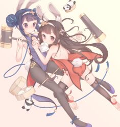  2girls animal_ears ass azur_lane back bamboo_steamer baozi bare_arms bare_shoulders barefoot black_hair black_pantyhose black_thighhighs breasts brown_hair commentary_request double_bun dress dumpling fake_animal_ears food grabbing grabbing_another&#039;s_breast hair_bun hairband highres holding_hands jiaozi kine looking_at_viewer mallet medium_breasts multiple_girls ning_hai_(azur_lane) ning_hai_(moon_palace_rabbit)_(azur_lane) over-kneehighs panda pantyhose ping_hai_(azur_lane) ping_hai_(osmanthus_moon_rabbit)_(azur_lane) purple_eyes purple_footwear rabbit_ears red_dress sakurea shoes short_dress simple_background thighhighs toeless_legwear white_hairband 