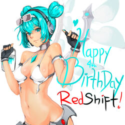  aqua_hair aqua_nails bare_shoulders bikini bikini_top_only black_gloves breasts cleavage commentary dark_skin double_bun eyewear_on_head female fingerless_gloves gloves goodsmile_company goodsmile_racing green_eyes hair_bun hatsune_miku headphones heart_hair_bun mechanical_wings nail_polish navel race_queen racing_miku racing_miku_(2013) racing_miku_(2013_sepang_ver.) solo stomach sturmjaeger_(daybreaks0) sunglasses swimsuit tan transparent_wings vocaloid white_bikini wings 