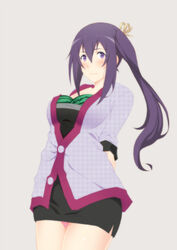  1boy amagiri_ayato arms_behind_back bad_id bad_pixiv_id blush crossdressing dress food fruit gakusen_toshi_asterisk hair_ribbon inui_sanagi long_hair looking_at_viewer male_focus otoko_no_ko photoshop_(medium) purple_eyes purple_hair ribbon sidelocks solo watermelon 