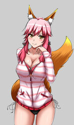  animal_ears asortofcolorfag black_panties bluefield blush bra breasts cleavage collarbone colorized commentary detached_sleeves english_commentary fate/extra fate_(series) female fox_ears fox_tail grey_background hair_ribbon highres large_breasts long_hair looking_at_viewer no_pants official_alternate_costume panties pink_bra pink_hair ribbon simple_background solo tail tamamo_(fate) tamamo_no_mae_(fate/extra) tamamo_no_mae_(spring_casual)_(fate) twintails underwear yellow_eyes 