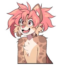  1:1 alpha_channel anthro avery_(roanoak) aycee brown_body brown_fur digital_media_(artwork) felid feline femboy fur hair happy heart_nose heart_symbol lynx male mammal nude open_mouth open_smile pink_eyes pink_hair pink_nose smile solo spots telegram_sticker white_body white_fur 