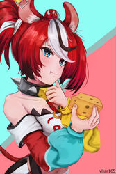  :t absurdres animal_ears artist_name bare_shoulders black_hair blue_eyes blush cheese collar collarbone cowboy_shot female food hakos_baelz hakos_baelz_(1st_costume) highres holding holding_food hololive hololive_english mouse_ears multicolored_background multicolored_hair navel red_hair short_hair side_ponytail solo spiked_collar spikes streaked_hair tail thumb_to_cheek vikar virtual_youtuber white_hair 