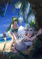  1boy 2others 5girls alternate_costume animal_ears barefoot beach bikini blunt_bangs bottle brother_and_sister brown_hair closed_eyes clothes_pull commentary dress_pull ears_down extra_ears eyewear_on_head feet fox_ears green_hair grey_hair high_ponytail highres holding holding_bottle hugging_object jacket kizuna_akari legs male_swimwear multiple_girls multiple_others nhk_(voiceroid) open_clothes open_jacket outdoors palm_tree ponytail purple_eyes purple_hair running sandals shade shirinda_fureiru short_hair short_hair_with_long_locks siblings spirit swim_trunks swimsuit toenails toes touhoku_itako touhoku_kiritan touhoku_zunko tree twintails vocaloid voiceroid walking white_hair yuzuki_yukari yuzuki_yukari&#039;s_younger_twin_brother zundamon 