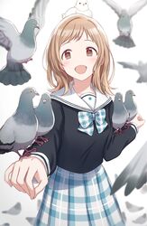  animal_on_arm animal_on_head bird bird_on_arm bird_on_head bow brown_eyes brown_hair dani-ikapi female highres idolmaster idolmaster_shiny_colors long_sleeves medium_hair on_head open_mouth pigeon sailor_collar sakuragi_mano shirt skirt smile solo standing tareme white_background 