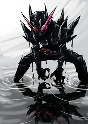  1boy after_battle armor black_armor build_driver driver_(kamen_rider) fullbottle hazard_trigger highres kamen_rider kamen_rider_build kamen_rider_build_(series) looking_down male_focus otokamu rabbit+tank_form_(black_hazard) red_eyes reflection reflective_water rider_belt 