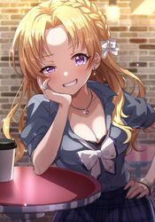  black_bra blonde_hair blue_shirt blurry bow bowtie bra bra_peek bracelet braid breasts brick_wall cleavage collarbone cup disposable_cup dot_nose earrings elbow_on_table female grin hair_ribbon hairbow hand_on_own_hip head_rest highres idolmaster idolmaster_cinderella_girls idolmaster_cinderella_girls_starlight_stage indoors jewelry kiryu_tsukasa_(idolmaster) lamp long_hair looking_at_viewer medium_breasts necklace pink_nails plaid plaid_skirt pleated_skirt purple_eyes purple_skirt rainbow_gradient ribbon ring shinonoko_(tubamecider) shirt short_sleeves sitting skirt smile solo table underwear wavy_hair white_bow white_bowtie white_ribbon 