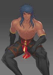  1boy abs absurdres bara bare_shoulders blue_hair bulge dark_blue_hair dark_skin detached_sleeves earrings fate/grand_order fate_(series) gradient_background greco-roman_clothes highres hunterkay jewelry large_pectorals long_hair looking_at_viewer male_focus muscular muscular_male nipple_piercing pants pectorals pelvic_curtain piercing red_eyes roman_clothes romulus_quirinus_(fate) solo tight_clothes tight_pants topless_male 