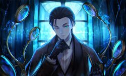  1boy black_bow black_bowtie black_gloves black_hair black_jacket blue_eyes blue_jacket bow bowtie collared_shirt fate/grand_order fate_(series) formal gloves highres jacket long_sleeves looking_at_viewer male_focus one_eye_closed photoshop_(medium) sherlock_holmes_(fate) shirt short_hair solo suit tenyo0819 white_shirt 