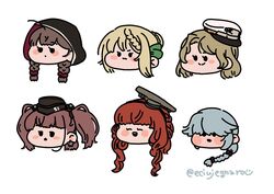  6+girls atlanta_(kancolle) blonde_hair blunt_bangs blush braid braided_bangs braided_bun brown_hair closed_eyes closed_mouth commentary_request de_ruyter_(kancolle) earrings garrison_cap grey_hair hair_bun hair_over_eyes hair_ribbon hamanami_(kancolle) hat headgear hood hood_up houston_(kancolle) jewelry kantai_collection long_hair multiple_girls open_mouth orange_suesaburou perth_(kancolle) red_hair ribbon shinshuu_maru_(kancolle) short_hair simple_background single_braid single_earring single_hair_bun star_(symbol) star_earrings twin_braids twitter_username two_side_up white_background 