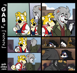  alcohol anthro bau_husky beverage black_clothing black_hoodie black_nose black_topwear blue_body blue_fur blush bottle bubble canid canine canis cellphone clothed clothing container cup curled_tail disguise domestic_dog drinking drunk drunk_bubble duo electronics elion_(gabshiba) felid fur gab_(comic) gab_shiba gabshiba hand_in_pocket holding_bottle holding_cellphone holding_container holding_cup holding_object holding_phone hoodie husky inside lion looking_at_another looking_at_cellphone looking_at_object looking_at_phone male mammal nordic_sled_dog outside pantherine phone pockets red_eyes shiba_inu solo spitz substance_intoxication tail text tiger topwear walking wearing_sunglasses white_body white_fur yellow_body yellow_fur 