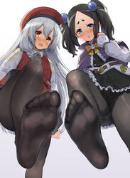  2girls absurdres black_hair black_pantyhose black_skirt blue_eyes blush dress feet foot_out_of_frame frilled_dress frills futoku_no_guild highres legs looking_at_viewer looking_down maidena_angers multiple_girls no_shoes open_mouth pantyhose sahara1127 skirt smell soles toes tokishikko_dana twintails 