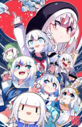  &gt;_&lt; 6+girls :d animal_ears animal_hood arm_up blue_eyes blue_hair blue_nails blue_sailor_collar cat_ears censored chibi claw_pose cube_hair_ornament cup fur_collar gawr_gura gawr_gura_(1st_costume) gawr_gura_(casual) gawr_gura_(new_year) gawr_gura_(party_dress) hair_ornament holding holding_cup hololive hololive_english hood identity_censor indie_virtual_youtuber long_sleeves middle_finger multiple_girls multiple_persona neckerchief phibonnachee red_eyes red_hair red_neckerchief sailor_collar senzawa shaded_face shark_girl shark_hair_ornament shark_hood sharp_teeth side_ponytail smile smol_gura teeth two_side_up virtual_youtuber xd 