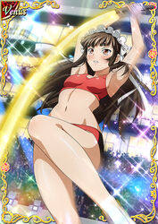  armpits arms_up barefoot breasts brown_eyes brown_hair buruma card_(medium) clenched_teeth collarbone female floating_hair groin hair_ribbon headdress ikkitousen jumping long_hair motion_blur navel official_art red_buruma red_sports_bra ribbon sideboob small_breasts solo sparkle sports_bra sweat teeth ten&#039;i_(ikkitousen) underwear v-shaped_eyebrows very_long_hair white_ribbon 