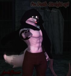  abs anthro bars black_cloak black_clothing black_nails black_nose canid canine canine_ears canine_nose canine_teeth canis cloak clothing coffin colored_nails death_(puss_in_boots) dreamworks dungeon fur gold_(metal) grey_body grey_fur grey_tail hood hood_up hooded hooded_cloak humanoid_hands looking_at_viewer lordzbacon male mammal melee_weapon muscular muscular_anthro muscular_male nails pecs polearm puss_in_boots_(dreamworks) scythe solo tail teeth tongue weapon whistling white_body white_fur wolf 