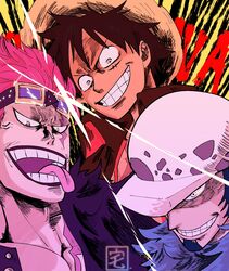  3boys artist_name black_hair blue_hair brown_eyes commentary diffraction_spikes english_commentary eustass_kid facial_hair furrowed_brow goatee goggles goggles_on_head grin hat highres long_sideburns male_focus monkey_d._luffy multiple_boys one_piece open_mouth pink_eyes pink_hair print_headwear purple_lips scar scar_across_eye scar_on_face short_hair sideburns smile straw_hat taku_(aywakutakuay) teeth tongue tongue_out trafalgar_law white_eyes white_headwear 