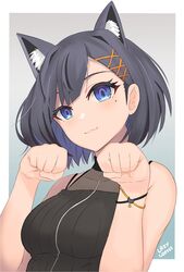  animal_ears bare_shoulders black_hair blue_eyes bracelet breasts cat_ears female hair_ornament hairclip highres jewelry lazycoffee_(wyen_iscordo) looking_at_viewer medium_breasts mole mole_under_eye nijisanji nijisanji_id paw_pose short_hair simple_background siska_leontyne smile solo upper_body virtual_youtuber 