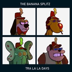  1:1 anthro ape big_ears big_nose bingo_(the_banana_splits) black_ears black_nose brown_body canid canine canis clothing demon_days domestic_dog drooper_(the_banana_splits) elephant elephantid english_text eyewear felid fleegle_(the_banana_splits) glasses gorillaz grey_body group hanna-barbera haplorhine hat headgear headwear hi_res jellystone_(hbo_max) lion male mammal oceanhazel pantherine primate proboscidean red_nose snorky_(the_banana_splits) sunglasses teeth text the_banana_splits trunk yellow_body 