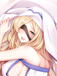  bakugadou bare_shoulders black_blindfold blindfold blindfold_slip blonde_hair blush breasts commentary_request covered_nipples dakimakura_(medium) dress female goblin_slayer! large_breasts long_hair no_bra one_eye_covered photoshop_(medium) sideboob solo sword_maiden white_headwear 