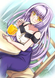  alternate_costume arm_rest blunt_ends blush collarbone colored_eyelashes cup day deni_m drinking_glass drinking_straw female floating_hair hair_intakes ice ice_cube indoors juice kiku_ichimonji_norimune light_purple_hair long_hair long_skirt looking_at_viewer off-shoulder_shirt off_shoulder on_chair orange_juice purple_skirt shirt skirt smile solo table tenka_hyakken yellow_eyes 