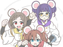  3girls animal_ears arm_warmers blue_eyes blue_hair blue_neckerchief braid brown_hair buttons choo_choo_train clenched_hand deni_m double-breasted double_bun french_braid glasses hair_bun hand_on_own_hip horinuki_masamune houchou_masamune light_blue_hair long_hair long_sleeves midriff motion_blur mouse_ears multicolored_hair multiple_girls neckerchief open_mouth parody pink_hair red_eyes red_neckerchief semi-rimless_eyewear short_hair sukashi_masamune teeth tenka_hyakken two-tone_hair under-rim_eyewear upper_teeth_only v-shaped_eyebrows wide_sleeves yellow_eyes yellow_neckerchief 