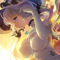  azur_lane blue_eyes breasts cleavage cloud commentary dress dutch_angle elbow_gloves female gloves hat illustrious_(azur_lane) lace-trimmed_headwear lace_trim large_breasts paint_musume parted_lips profile solo strapless strapless_dress sun_hat sunset tri_tails white_dress white_gloves white_hat 