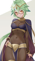  animal_ears bodystocking breasts bridal_gauntlets commentary_request cosplay covered_navel cowboy_shot female fire_emblem fire_emblem_awakening genshin_impact glasses green_hair grey_background groin hair_between_eyes haru_(nakajou-28) highres long_hair looking_at_viewer medium_breasts partial_commentary pelvic_curtain solo standing sucrose_(genshin_impact) tharja_(fire_emblem) tharja_(fire_emblem)_(cosplay) thighs two-tone_background very_long_hair white_background yellow_eyes 