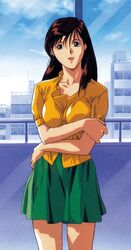  1990s_(style) arm_grab arms_under_breasts brown_eyes brown_hair city cowboy_shot day female green_skirt highres kurihara_mari long_hair looking_at_viewer non-web_source official_art open_mouth retro_artstyle scan short_sleeves skirt solo super_real_mahjong tanaka_ryou 