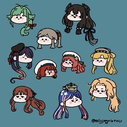  6+girls ahoge antenna_hair ariake_(kancolle) black_hair black_headwear blonde_hair blue_background blue_hair blush brown_hair closed_eyes double_bun fletcher_(kancolle) flower green_hair grey_hair hair_bun hair_flower hair_ornament hair_ribbon hairband hat headgear helena_(kancolle) hornet_(kancolle) i-47_(kancolle) kaiboukan_no._4_(kancolle) kantai_collection long_hair low-tied_long_hair matsu_(kancolle) multicolored_hair multiple_girls open_mouth orange_suesaburou pink_hair ponytail purple_hair red_hair ribbon sailor_hat short_hair sidelocks simple_background smile south_dakota_(kancolle) star_(symbol) tress_ribbon twitter_username usugumo_(kancolle) white_hair white_headwear yashiro_(kancolle) 