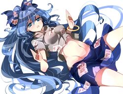  bangle blue_bow blue_eyes blue_hair blue_skirt blush bow bracelet breasts commentary cowboy_shot crop_top d; female grey_hoodie groin hair_between_eyes hairbow hood hoodie jewelry long_hair looking_at_viewer medium_breasts midriff miniskirt navel no_nose one_eye_closed open_mouth raptor7 short_sleeves simple_background skirt solo stomach stomach_day tears thighs touhou very_long_hair white_background yorigami_shion 