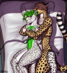  absurd_res anthro bed big_spoon cheetah cuddling duo eyewear felid feline furniture glasses gynomorph heart_symbol hi_res huge_filesize intersex intersex/male jurgen kira_sharpovich lying lying_on_bed male mammal on_bed on_side pantherine rimau sleeping_together snow_leopard spooning 