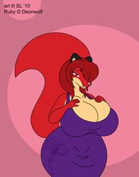  2010 anthro big_breasts breasts canid canine cleavage clothed clothing copyright_symbol digital_media_(artwork) dress female fox hair huge_breasts mammal markings mole_(marking) purple_eyes red_hair ruby_(deonwolf) satsumalord solo symbol 