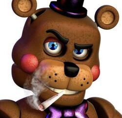  animatronic bear blue_eyes bow_tie bust_portrait clothing drugs eyebrows five_nights_at_freddy&#039;s freddy_fazbear&#039;s_pizzeria_simulator hat headgear headwear looking_at_viewer machine male mammal marijuana meme portrait raised_eyebrow robot rockstar_freddy_(fnaf) scottgames simple_background smoking smoking_marijuana the_rock&#039;s_eyebrow_raise top_hat unknown_artist white_background 