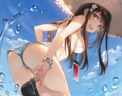  ass bikini_top blush brown_eyes brown_hair clouds cropped hat long_hair mmu original phone shorts signed sky water wristwear 