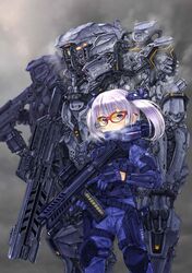  akimoto_kouji armor assault_rifle belt blue_gloves blue_jacket blue_pants character_request check_character check_copyright copyright_request feet_out_of_frame female glasses gloves grey_background gun handgun highres holding holding_weapon holstered jacket knee_pads looking_at_viewer mecha medium_hair original pants purple_eyes red-framed_eyewear rifle robot solo trigger_discipline twintails weapon white_hair 