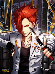  1boy artist_name black_gloves black_shirt chain_necklace chains commentary_request copyright_request fingerless_gloves gloves hair_over_one_eye holding holding_knife index_finger_raised indoors jacket jewelry knife looking_at_viewer male_focus necklace red_eyes red_hair shirt solo standing sysen white_jacket 