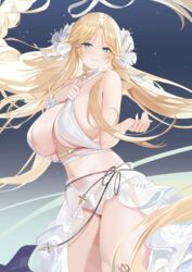  absurdres azur_lane bare_arms bare_shoulders blonde_hair blue_eyes blush breasts brest_(azur_lane) brest_(marine_muse)_(azur_lane) choker closed_mouth cowboy_shot female flower hair_flower hair_ornament highres huge_breasts long_hair looking_at_viewer official_alternate_costume pointy_ears sideboob smile solo thigh_strap thighs tnr_(horiko1525) very_long_hair white_choker 