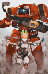  1other andou_inari andou_inari_official android animal_ears apex_legends blue_eyes bodysuit choumi_wuti_(xueye_fanmang_zhong) closed_mouth commentary crossover english_commentary explosive fake_animal_ears female fox_ears glowing glowing_eyes grenade grey_background grey_bodysuit gun hair_ornament headset highres holding holding_gun holding_weapon joints long_hair looking_at_viewer machinery mecha monarch_(titanfall_2) nijisanji orange_hair prowler_smg robot robot_joints running science_fiction smoke standing standing_on_one_leg submachine_gun titan_(titanfall) titanfall_(series) titanfall_2 twitter_username very_long_hair virtual_youtuber virtuareal weapon x_hair_ornament xo_chaingun 