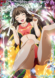  :d blush breasts brown_hair buruma card_(medium) closed_eyes collarbone facing_viewer female floating_hair from_above headdress ikkitousen jumping long_hair midriff official_art open_mouth red_buruma red_sports_bra shiny_skin shoes small_breasts smile sneakers solo sports_bra stomach sweat ten&#039;i_(ikkitousen) underwear very_long_hair 