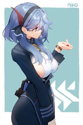  ako_(blue_archive) bell blue_archive blue_background blue_eyes blue_hair blue_headband blue_jacket blue_skirt breasts character_name checking_watch cowbell female gun handgun headband highres holstered jacket korean_commentary large_breasts long_sleeves outside_border shirt short_hair_with_long_locks sideboob sideless_outfit sideless_shirt skirt solo tai_(e3d1p) weapon white_shirt 