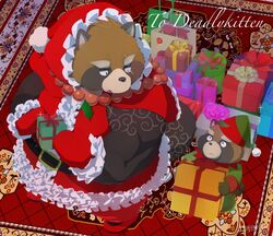  2021 anthro brown_body canid canine christmas christmas_clothing christmas_headwear clothing duo gift gyobu&#039;s_underlings gyobu_(tas) hat headgear headwear hi_res hijirinoyuta holidays kemono lifewonders male mammal overweight overweight_male raccoon_dog santa_claus santa_hat scar sweater tanuki tokyo_afterschool_summoners topwear 