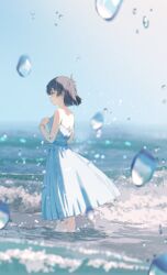  agas_(vpwt7475) bare_shoulders black_hair blue_eyes closed_mouth dress earrings eyebrows female hand_on_own_chest highres jewelry ocean original outdoors short_hair sleeveless solo standing tears water water_drop waves 