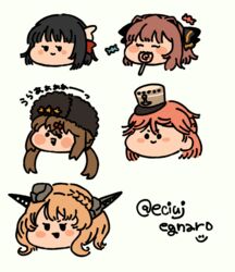  5girls blonde_hair blush brown_hair candy colorado_(kancolle) food fur_hat garrison_cap giuseppe_garibaldi_(kancolle) hachijou_(kancolle) hair_ornament hair_ribbon hairclip hat headgear ishigaki_(kancolle) kantai_collection lollipop long_hair low_twintails mouth_hold multiple_girls open_mouth orange_suesaburou papakha ribbon short_hair simple_background tashkent_(kancolle) twintails twitter_username white_background 