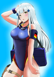  absurdres aizawa_u-ji alternate_costume bag_behind_back blue_hair blue_one-piece_swimsuit blue_sky blush breasts collarbone competition_swimsuit covered_navel eyewear_around_neck feet_out_of_frame female from_below girls&#039;_frontline green_eyes gun hair_ornament hairclip hand_in_own_hair handgun highres hk416_(girls&#039;_frontline) holster holstered large_breasts long_hair looking_at_viewer one-piece_swimsuit open_mouth simple_background sky solo standing swimsuit teardrop_facial_mark teardrop_tattoo thigh_holster weapon 