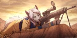  2022 5_fingers anthro breasts canid canine canis clothed clothing day detailed_background digital_media_(artwork) dolphydolphiana female fingers gun hair mammal outside ranged_weapon seyumei sky solo weapon white_hair wolf 