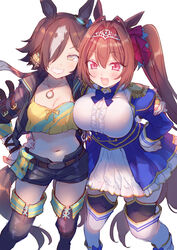  2girls :d animal_ears belt black_footwear black_jacket black_shorts blue_bow blue_bowtie blue_dress boots bow bowtie breasts brown_hair circlet commentary_request daiwa_scarlet_(umamusume) dress grin highres horse_ears horse_girl horse_tail jacket large_breasts moriyama_shijimi multiple_girls navel orange_hair ponytail purple_eyes shirt shorts simple_background smile stopwatch stopwatch_around_neck tail teeth thigh_boots twintails umamusume vodka_(umamusume) white_background white_footwear yellow_eyes yellow_shirt 