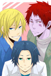  3boys alternate_costume birthmark blonde_hair blue_eyes colored_skin cyrus_(the_saga_of_darren_shan) facial_mark glalda kurda_smahlt multiple_boys purple_skin red_eyes red_hair rigu_(aiide) scar scar_on_cheek scar_on_face short_hair smile the_saga_of_darren_shan turtleneck 